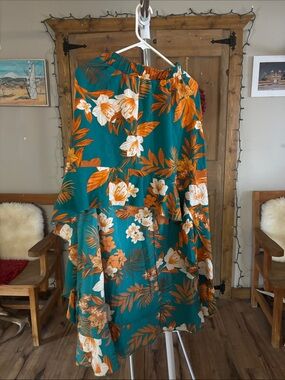 Teal Floral Midi Skirt with Orange Bloom